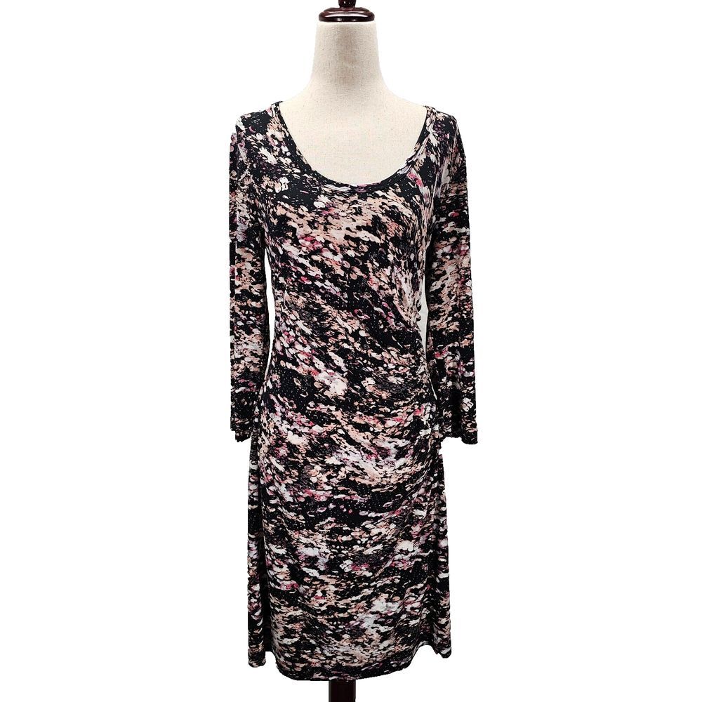 Calvin‎ Klein Scoop Neck Jersey Dress Ruched Black Pink Pattern Long Sleeve Sz 6